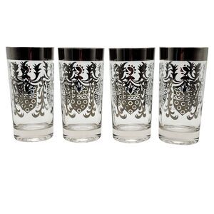 Lot of 4 Kimico Knight Glass Tumbler Platinum Trim Vintage 1960s